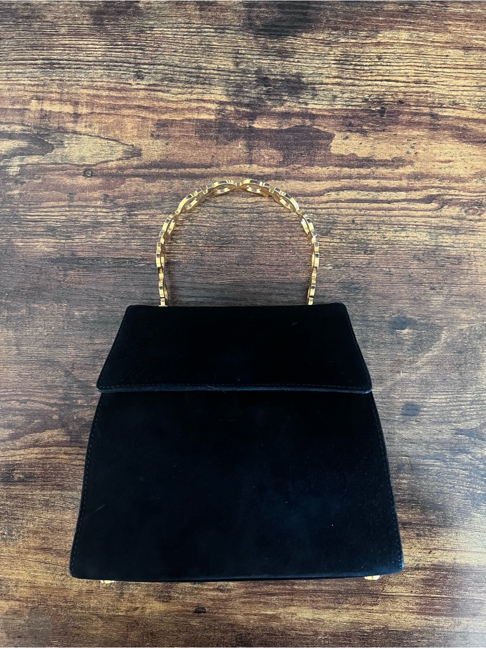 Salvatore Ferragamo Black Velvet Top-Handle Clutch with Gold Chain
